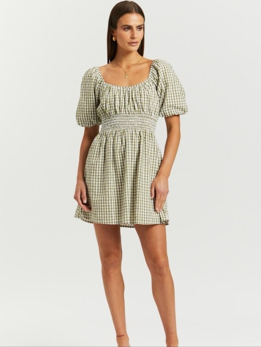 Faithfull The Brand Cottagecore Prairiecore Axel Mini Dress Olive Gingham Puff
